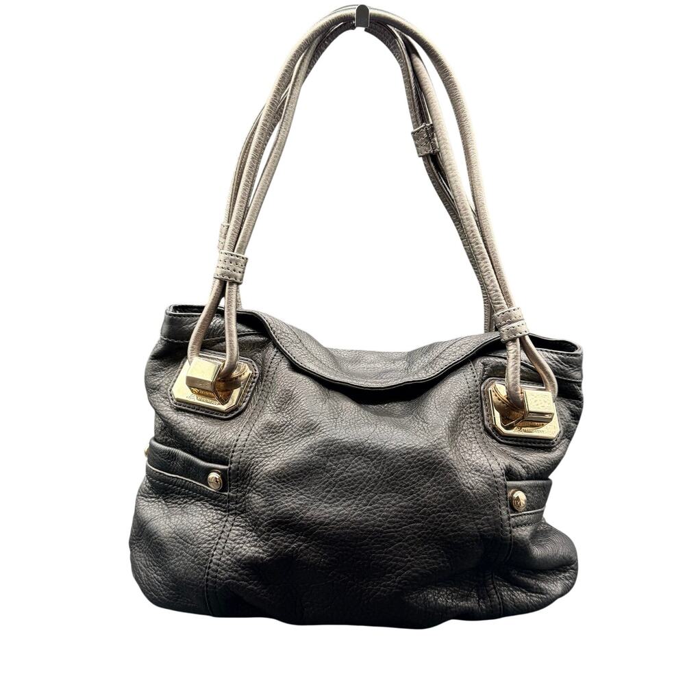 B Makowsky Black Pebbled Leather Bag Silver Straps Gold Hardware
